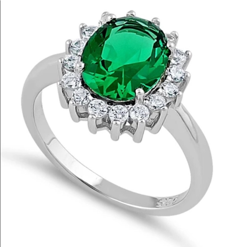 925 STERLING SILVER Simulated Emerald Cubic Zirconia Halo Ring - Picture 15 of 16